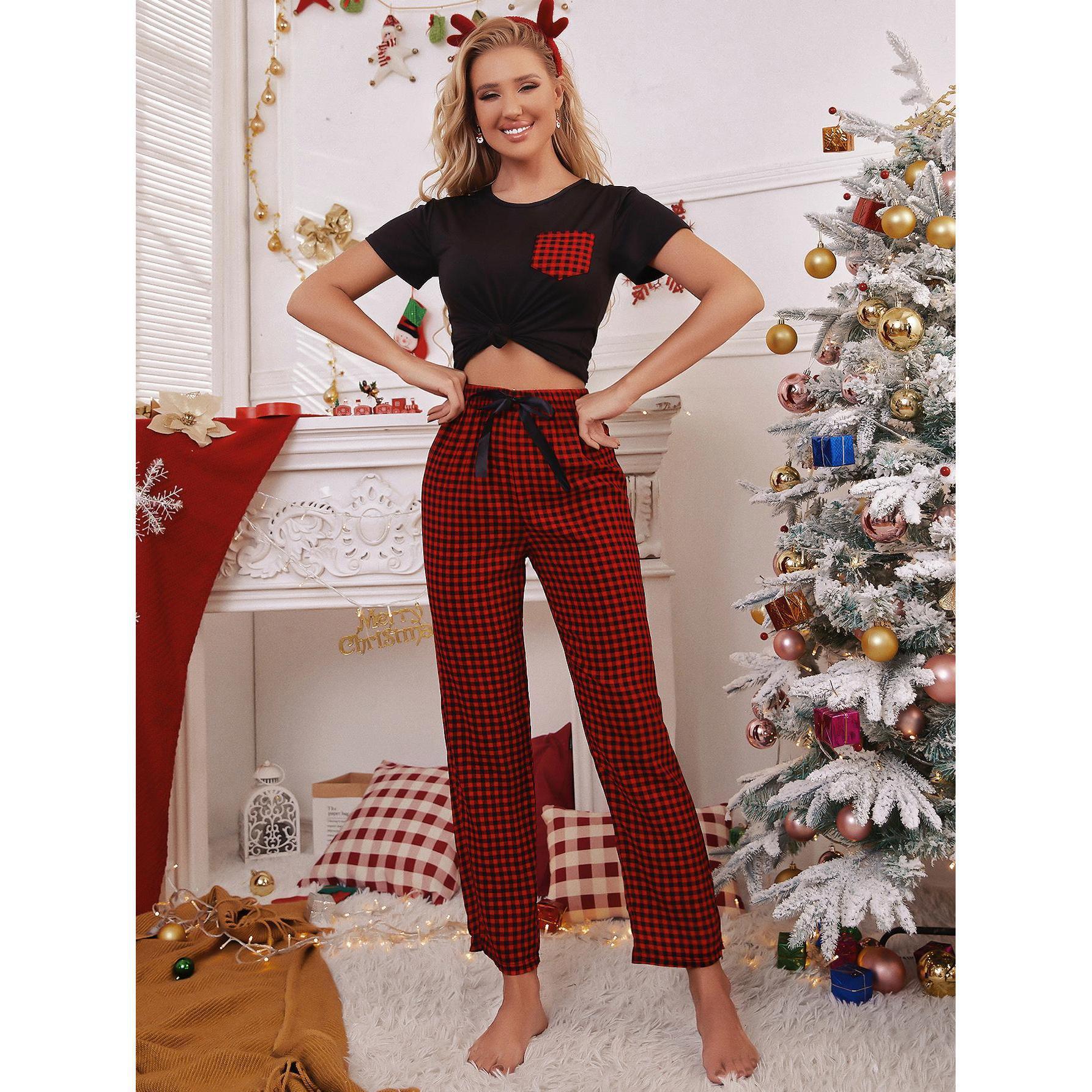 Christmas Atmosphere Short sleeved T shirt And Trousers Pajama Set Red - Shop at LoveMi