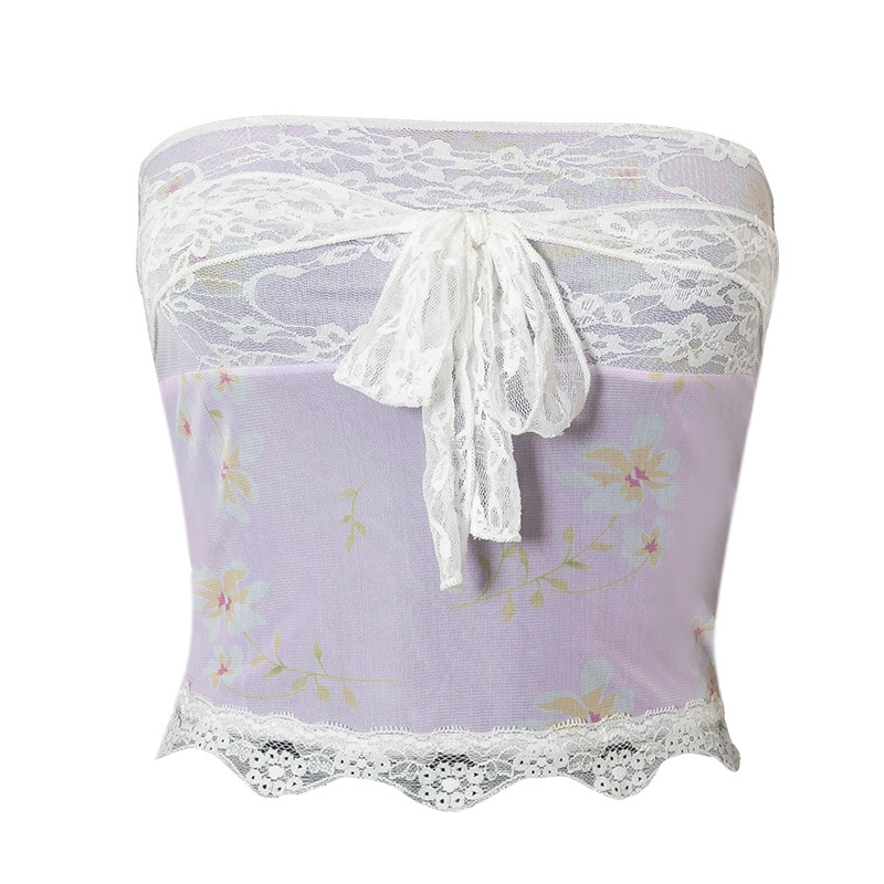 Sleeveless Printed Lace Umbilicus Lace up European And American Women's Blouse Pink - Shop at LoveMi