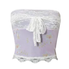 Sleeveless Printed Lace Umbilicus Lace-up European And American Women's Blouse - Pale Pink - View 1