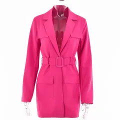 Lapel Long Sleeve Oversized Women's Dress - Rose Red - View 1