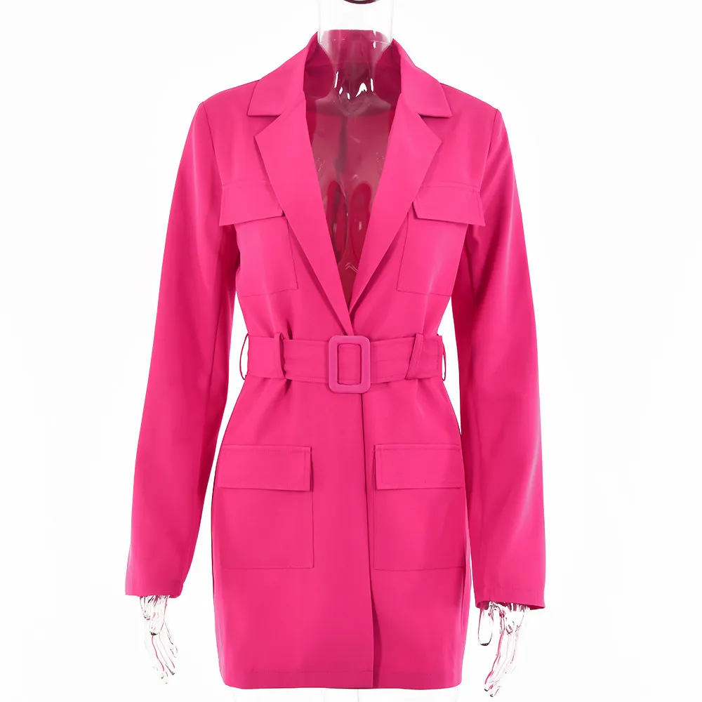 Lapel Long Sleeve Oversized Women's Dress - Rose Red