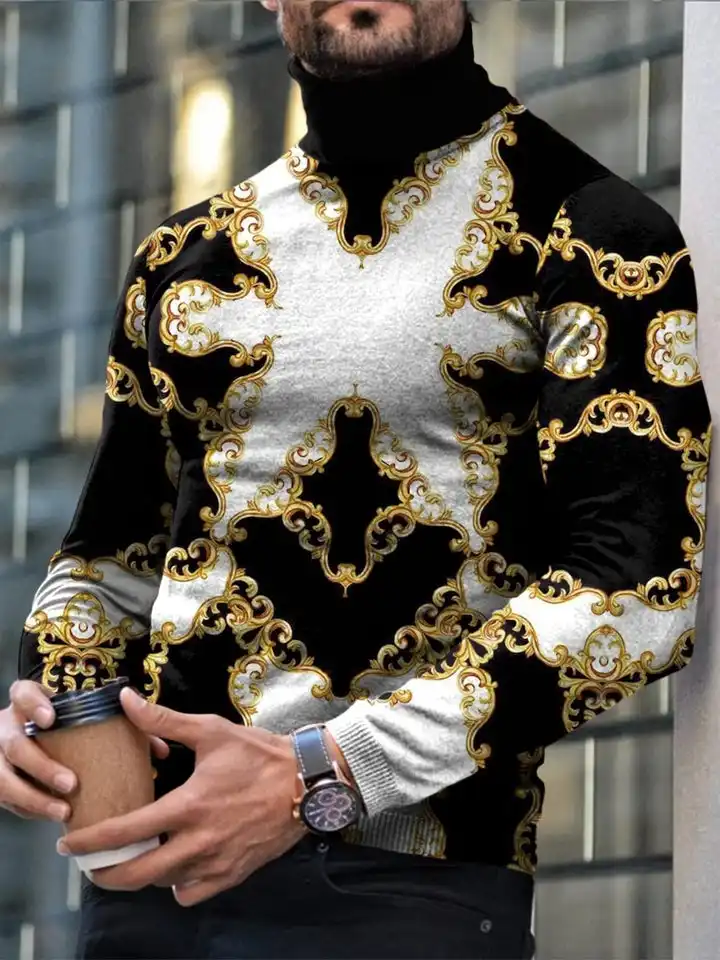 Autumn Winter Men's Long Sleeve Turtleneck T Shirt Printed Casual Top