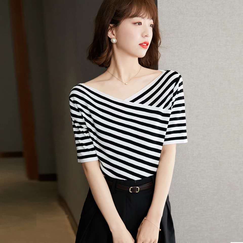 Black And White Striped Short Sleeved Sweater