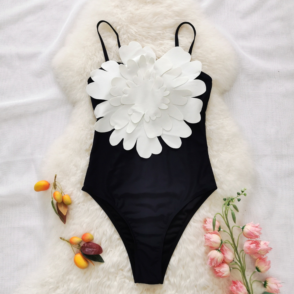 Solid Color Halter One-piece Swimsuit Female Big Flower - Image 4