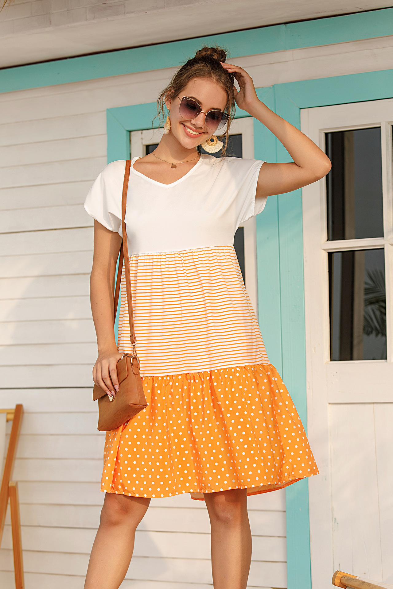 Patchwork Polka Dot V-Neck Short Sleeve Dress Women's