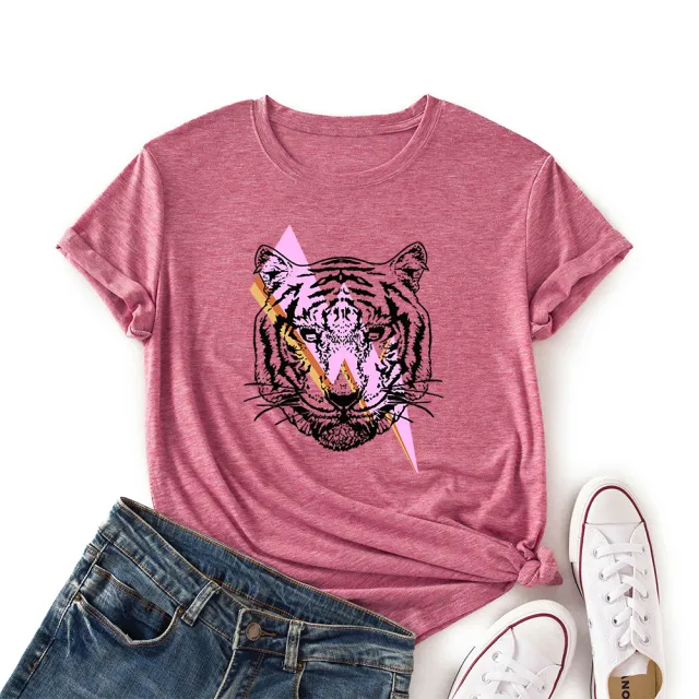 Women's Lightning Tiger Loose Round Neck Color Cotton Short Sleeve T Shirt Brick Red - Shop at LoveMi