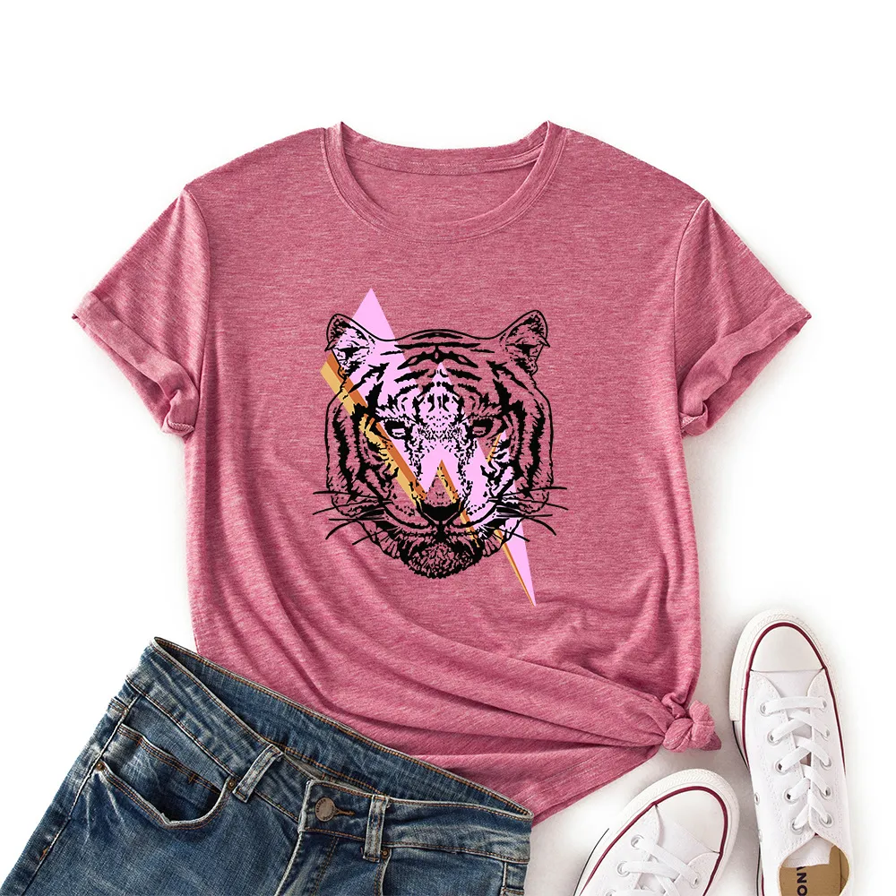 Women's Lightning Tiger Loose Round Neck Color Cotton Short Sleeve T-Shirt - Brick Red