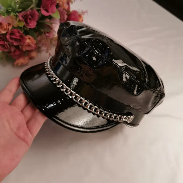 Fashion Octagonal Women's Patent Leather Chain Flat Hat Black - Shop at LoveMi