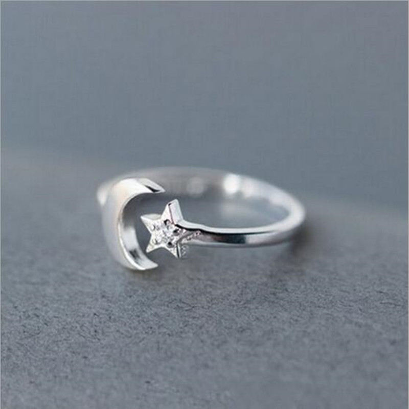 S925 Sterling Silver Korean Version Of Simple Fashion Star And Moon Micro Inlaid Ring