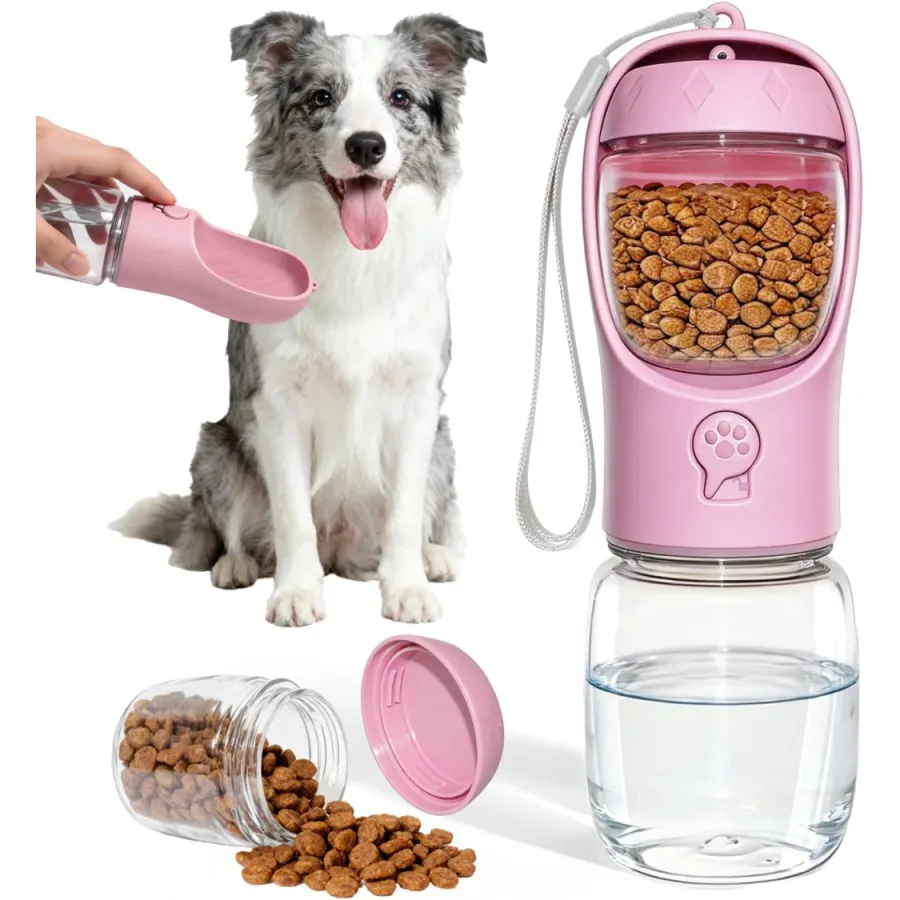 Portable Dog Water Bottle With Food Container, Drinking For