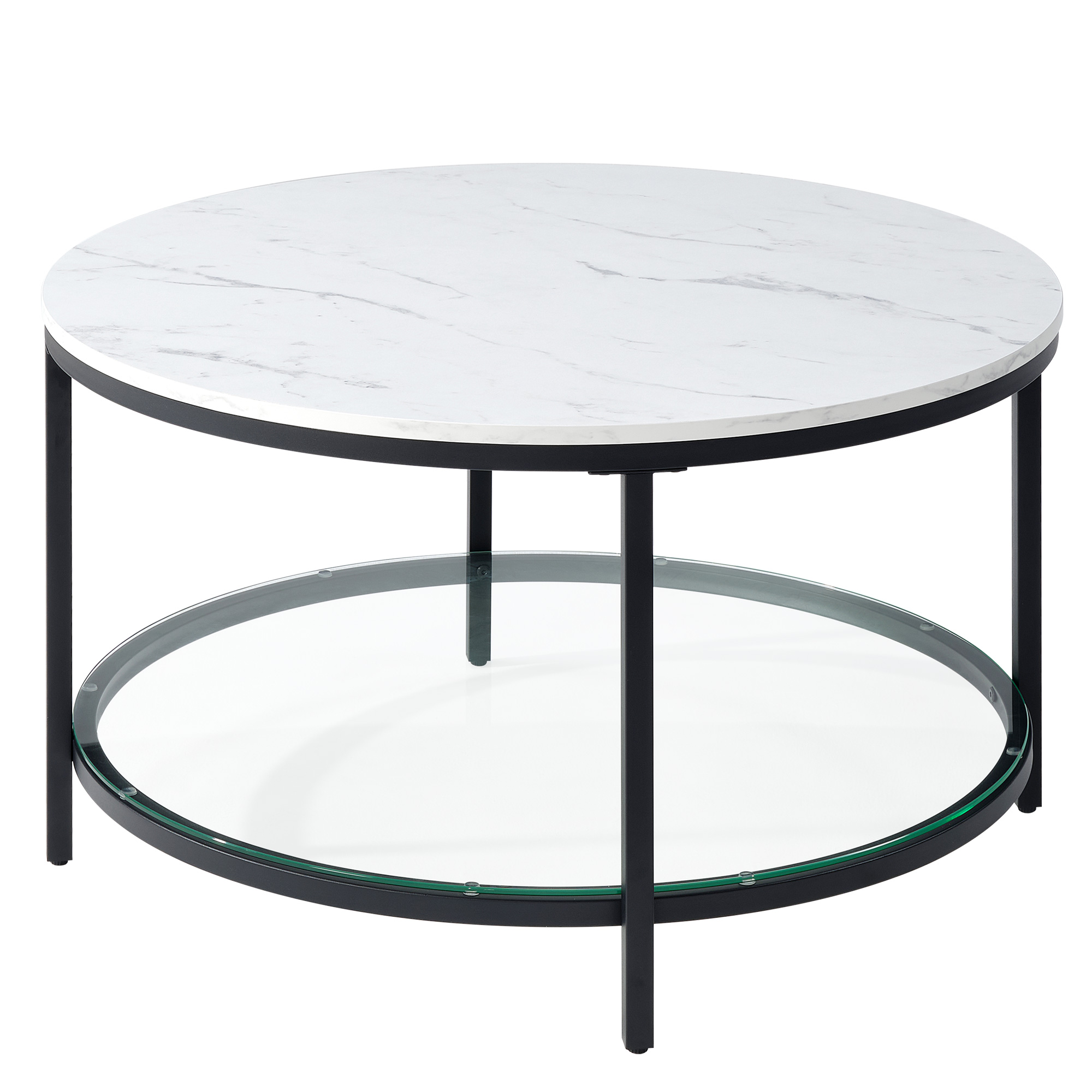 The Living Room Features A Marble Circular Glass Coffee Table, And A Double-layer Circular Transparent Coffee Table With Storage Function.