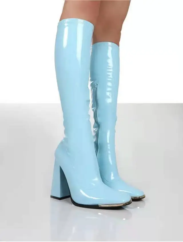 Square Toe Chunky Heel Bright Leather Plus Size Side Zip Mid Boots Blue - Shop at LoveMi