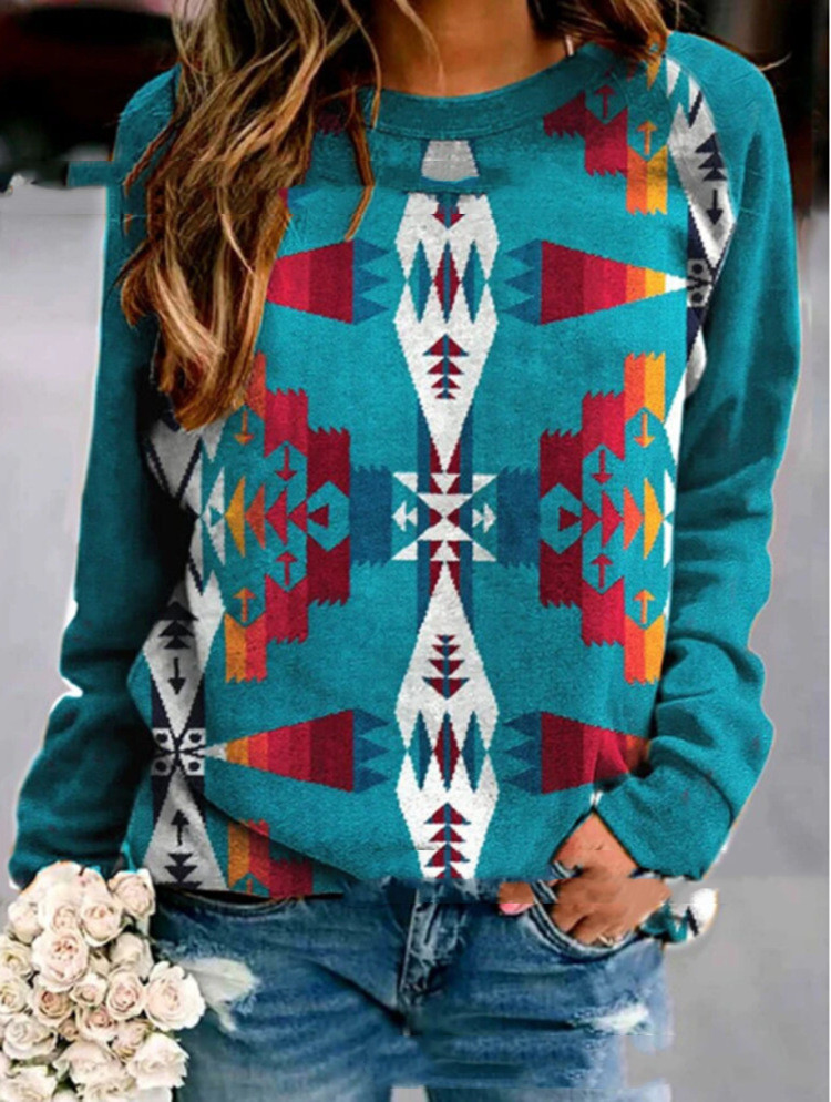 Fashion Urban Casual Round Neck Pullover Loose Print Long-sleeved T-shirt Women