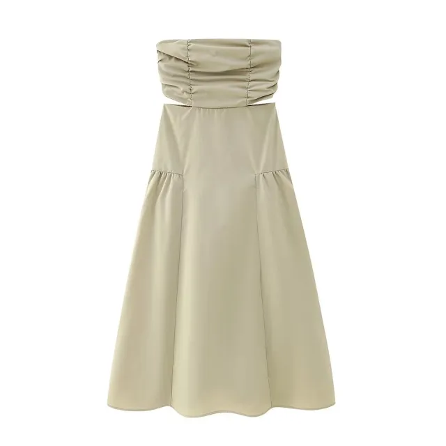 Hollow Out Wrapped Waist Slim Dress Khaki - Shop at LoveMi