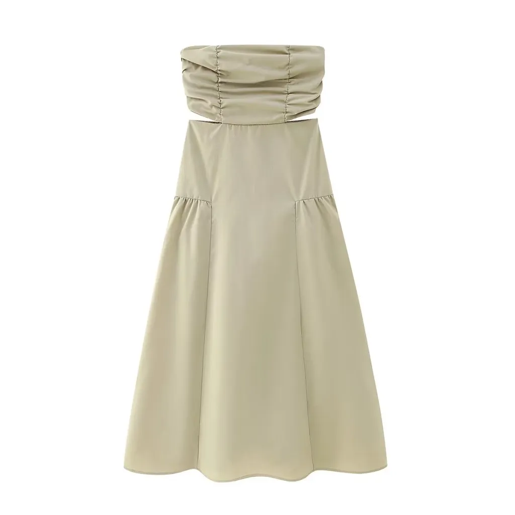 Hollow Out Wrapped Waist Slim Dress - Khaki