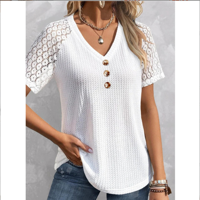 New Women's Solid Color Ruffled Short Sleeves V-neck Casual T-shirt