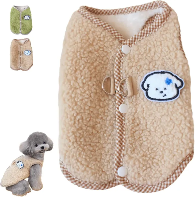 Cute Dog Thickened Coral Fleece Sweatshirt Vest With Leash Ring Autumn Winter Dog Outfit For Indoor Cats And Small Dogs Khaki - Shop at LoveMi