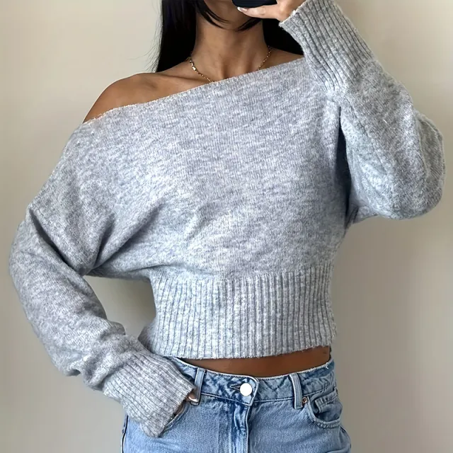Women's Off The Shoulder Cropped Sweater Boat Neck Long Sleeve Pullover, Casual Trendy Top Gray - Shop at LoveMi