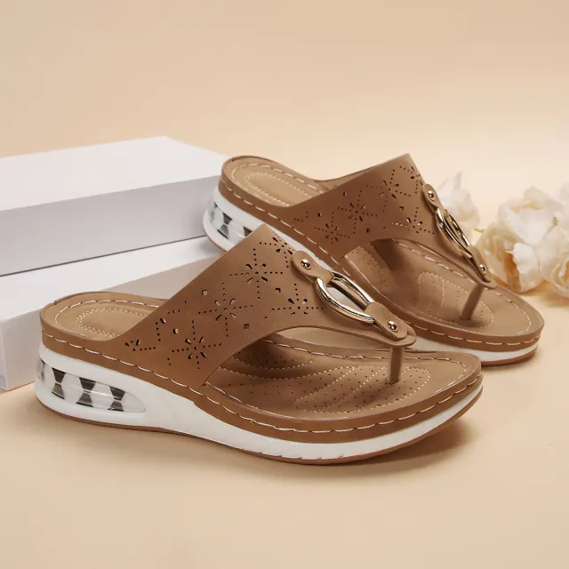 New Air Cushion Thong Sandals Summer Flip Flops Hollow Metal Buckle Wedges Shoes For Women Thick Sole Beach Shoes Brown - Shop at LoveMi
