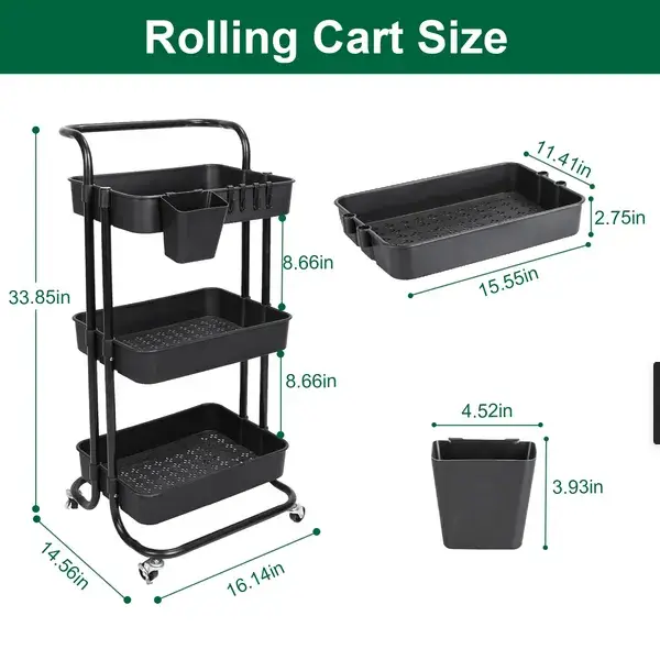 3 Tier Rolling Utility Cart Movable Storage Organizer With Mesh Baskets Lockable Wheels 360 Degree Rotatable Hanging Box Hooks Bedroom Bathroom Kitchen