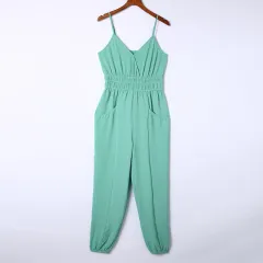 Summer Women's Clothing Waist Trimming Spaghetti Straps One-piece Trousers Solid Colour Backless Jumpsuit - Green - View 1