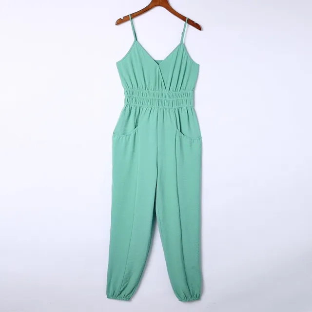 Summer Women's Clothing Waist Trimming Spaghetti Straps One piece Trousers Solid Color Backless Jumpsuit Green - Shop at LoveMi