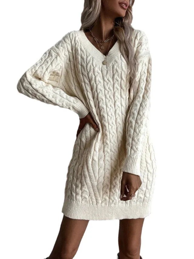 Solid Color And V neck Pullover Dress Sweater Women's Casual Fashion Mid length Knitwear Apricot - Shop at LoveMi