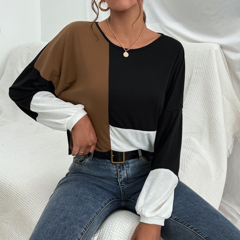 Casual Color Matching Round Neck Pullover Long Sleeve T-shirt