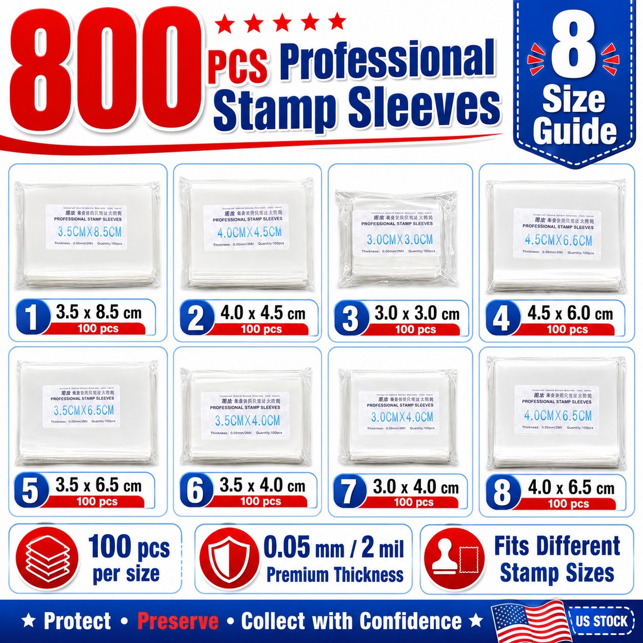 800 Pcs Stamp Sleeves Holders Clear Storage Bags For Stamp Collecting 8 Size Set