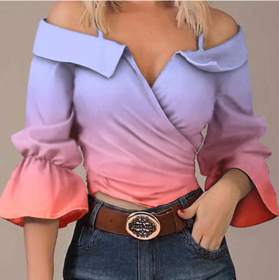 New Cross-border One-shoulder Off-shoulder Strappy Mesh Ruffled Sleeve Top
