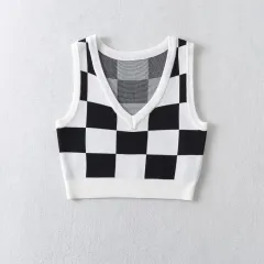 Spring New Two-colour Plaid Knitted Vest V Neck Short Top K7 M194A - White - View 1