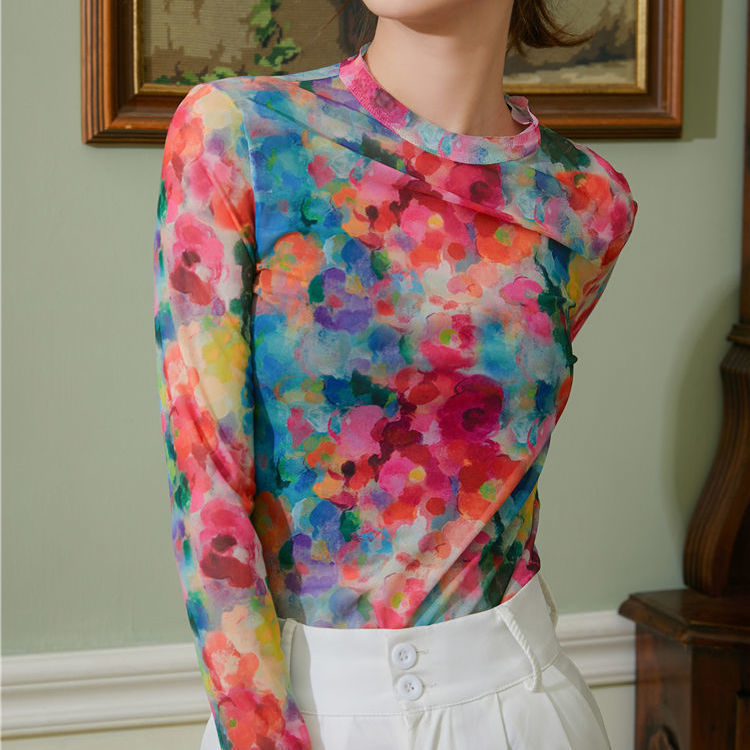 Thin Long-sleeved Mesh Bottoming Shirt Women's Tie-dye