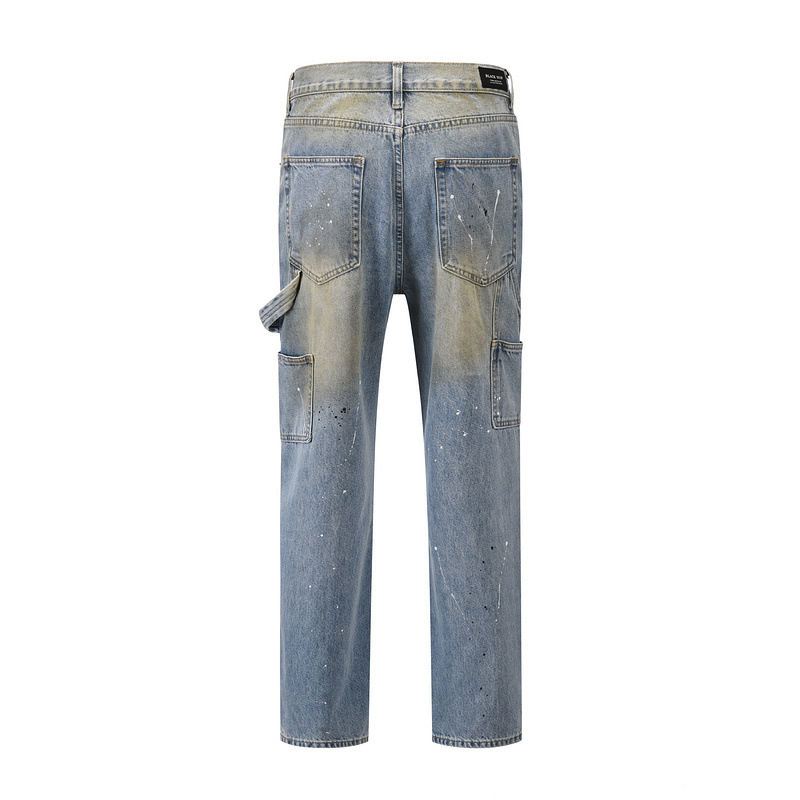 High Street Trendy Brand Long Zipper Split Burnt Out Speckled Ink Jeans