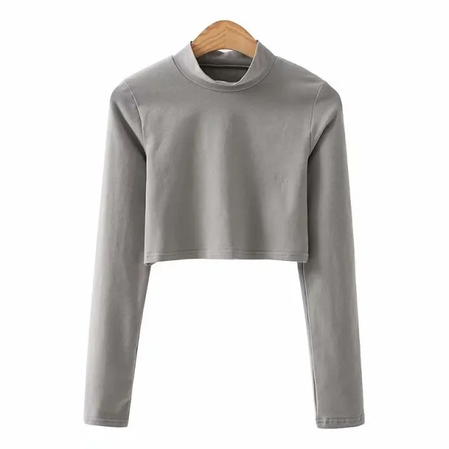 Collar Long Sleeve Short Slim Navel T shirt Grey - Shop at LoveMi