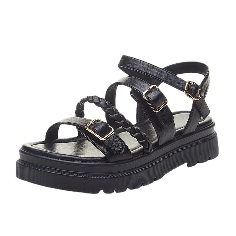 New All-match Flat-bottom Fairy Style Student Sandals Female Korean Version Thick - Black