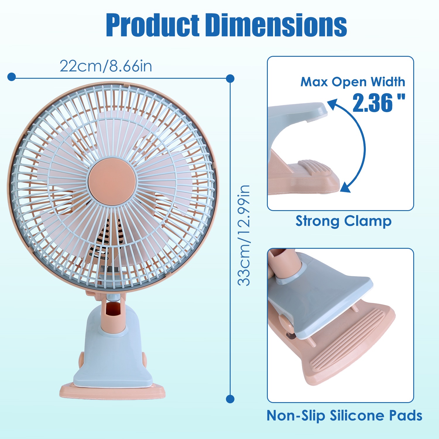 8.66In Oscillating Clip On Fan 2 Speeds Quiet Clamp Fan With 90 Degree Oscillating & Tilting Angle Desktop Wall Mount For Home Office Dorms Strollers