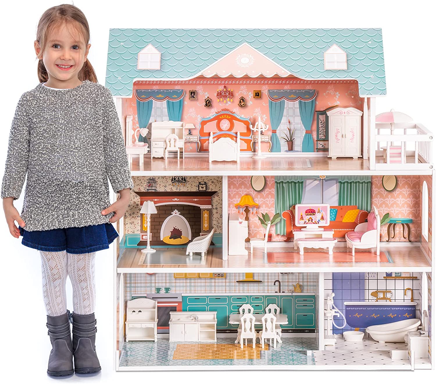 Wooden Dollhouse For Kids Girls Toy Gift. Features: Dreamhouse Dollhouse with Furniture & Accessories Features, Girl's dream dollhouse-Realistic Design and fun game experience, The interior is very colorful and illustrated with much detail, Sturdy and dur