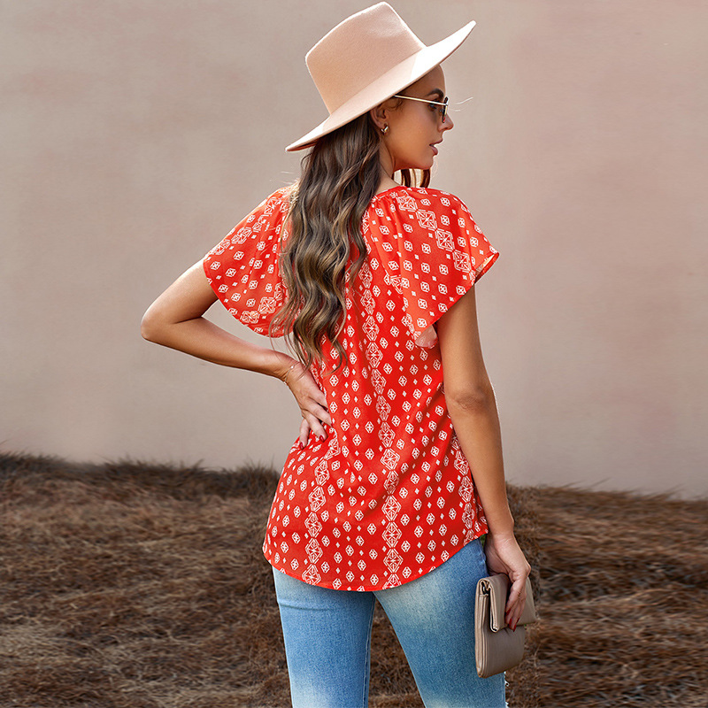 Title 8, Summer Floral Chiffon Shirt Loose Casual V-neck...