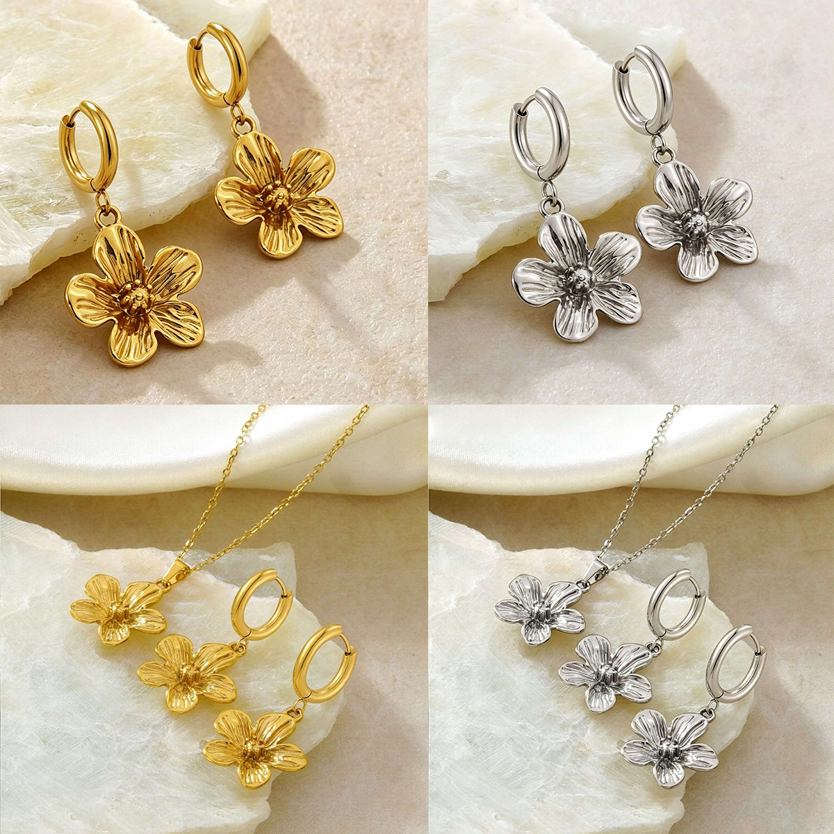 Stainless Steel Three-dimensional Flower Earrings And Necklace Set