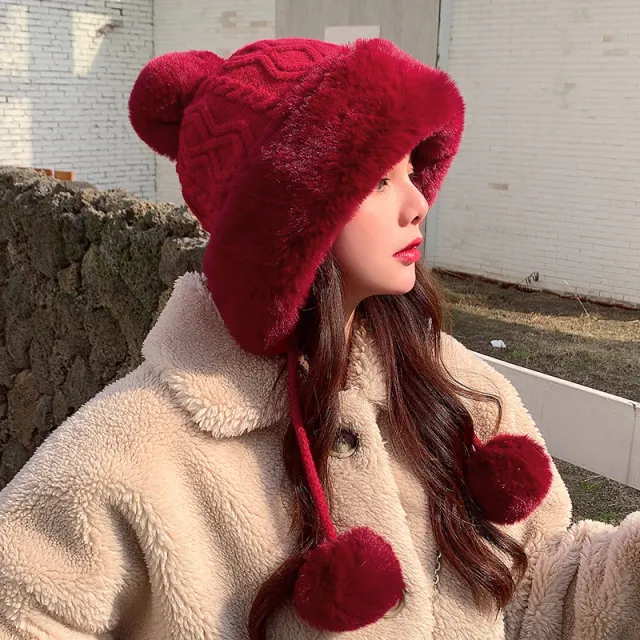 Autumn Winter Women's Cotton Cashmere Pullover Three wool Ball Hat Wine Red - Shop at LoveMi