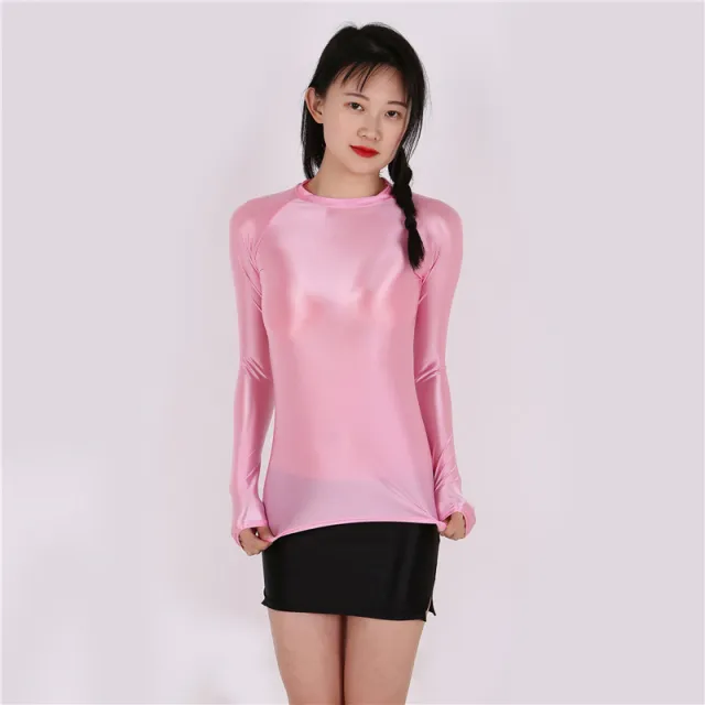 Fashion Bright Shiny Tights Slim T shirt Sexy Transparent Light Pink - Shop at LoveMi