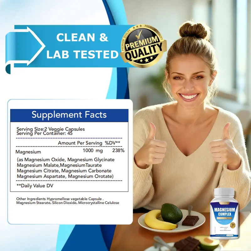 WINYEL MAGNESIUM COMPLEX Wellness Capsules With Malate & Glycinate And 8 ELEMENTAL MAGNESIUM, Supports Health 90 Capsules, Dietary Supplement.