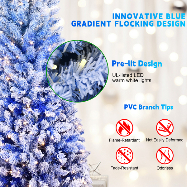 6FT Blue Gradient Flocked Pencil Christmas Tree with 200 Warm White LED Lights, 485 Tips, Hinged Branches, Slim Design, Metal Stand â€“ Narrow Prelit Tree for Holiday Home Decor-15