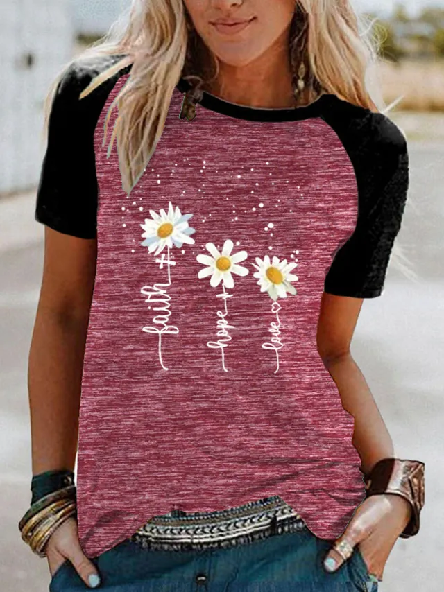 Three Little Daisies Print Short sleeved T shirt Red - Shop at LoveMi