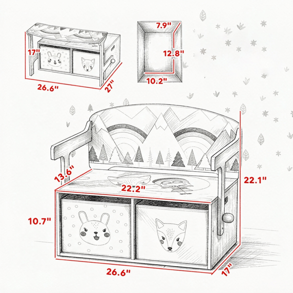 3-in-1 Convertible Kids Toy Box Chest, Storage Chest With 2 Non-Woven Drawers For Bedroom 6