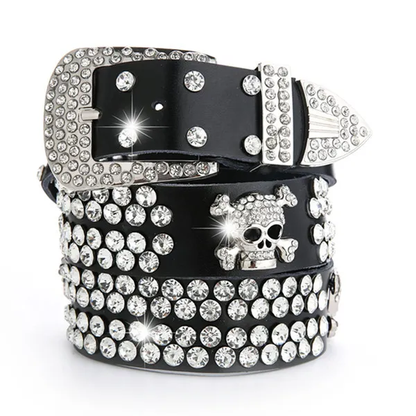 Leather Rhinestones Diamond Fashion All-match Decoration Ladies Jeans Wide Belt - Black