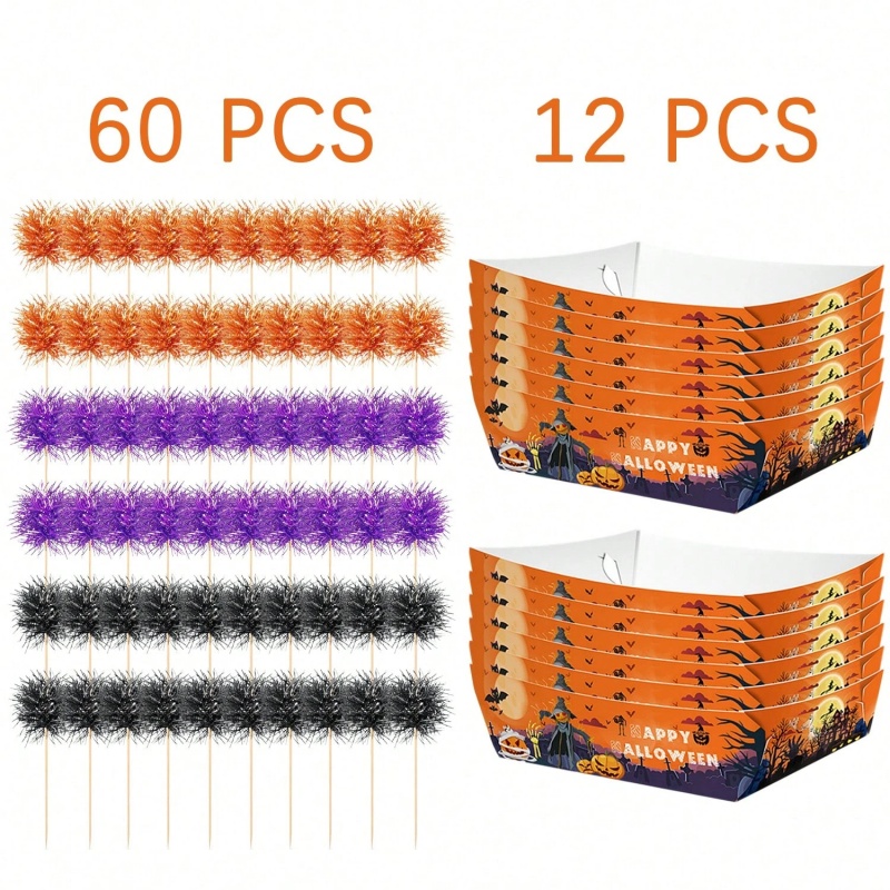 12Pcs Halloween Paper Trays With Orange Black Purple Foil Frill Toothpicks Disposable Serving Trays Scary Halloween Theme Snack Bowl For Halloween Cupcake Baking Creative Dessert Toppers — 72pcs — image 1 of 11