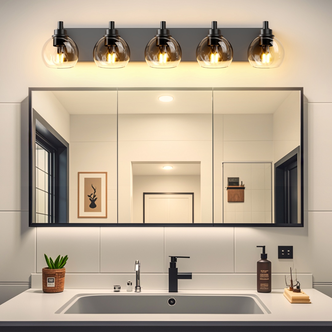 Bathroom Light Fixtures Over Mirror 5-Lights Bathroom Vanity Light With Clear Globe Glass Shade Modern Black Vanity Light Wall Sconce Vanity Lighting For Bath  Bulbs Not Included