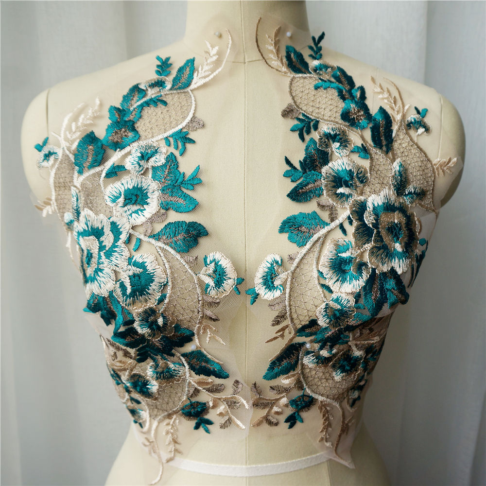 Green Evening Gown Accessories Chest Decoration Colorful Gold Thread Ornaments Decal Lace