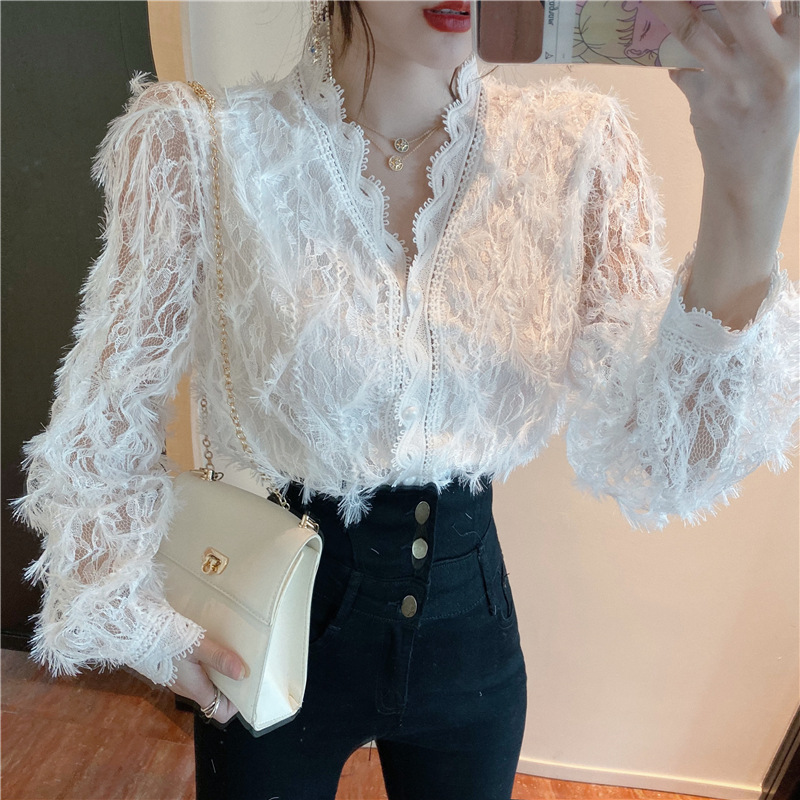 Long-sleeved Lace Hollow Bottoming Shirt   Top
